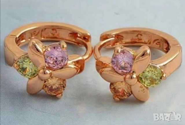 Прекрасни обеци цвете 9к розово попълнено злато с разноцветни цирконии 15 лв., снимка 6 - Обеци - 51766688
