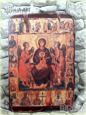 Икона БОГОРОДИЦА С МЛАДЕНЕЦА НА ПРЕСТОЛ СЪС СВЕТИИ И ЖИТИЕ, размер 30/20 см, снимка 1