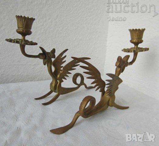 2 бр свещници с дракони месинг бронз антика фигура статуя, снимка 2 - Антикварни и старинни предмети - 28874398