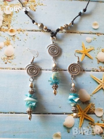 Страхотен Бохо комплект бижута с естествен седеф и орнаменти в цвят Сребро , снимка 4 - Бижутерийни комплекти - 33650468