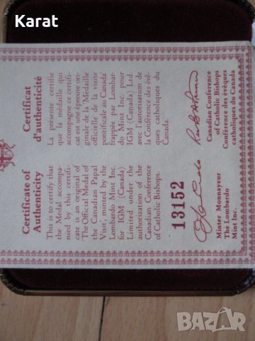 Папа 1 посещава Канада Позлатен Медальон със Серитификaт за идентичност, снимка 2 - Нумизматика и бонистика - 33202846