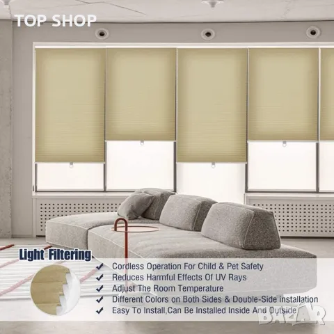 Безжична щора отдолу нагоре бежово 44" Ш X 72" В Langla-Shades, снимка 3 - Спални и легла - 49522824