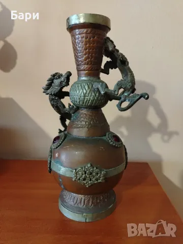 Антична китайска азиатска медна месингова драконова ваза от 19-ти век, снимка 2 - Други ценни предмети - 49840198