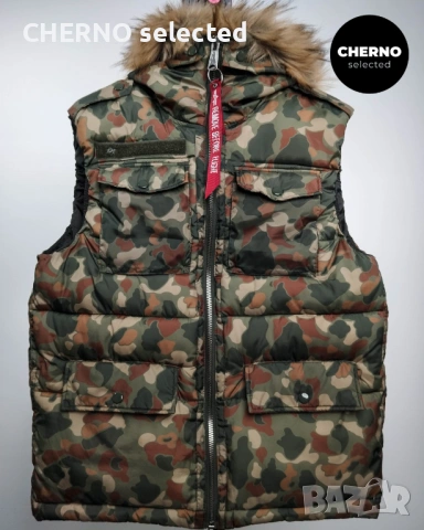 Мъжки камуфлажен елек с качулка ALPHA INDUSTRIES Camouflage Hooded Field Vest L•M  Нов без етикети , снимка 11 - Якета - 53307259