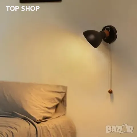 Нова Черна стенна лампа с дървена основа и издърпващ ключ, E14 база, снимка 8 - Лампи за стена - 49307246