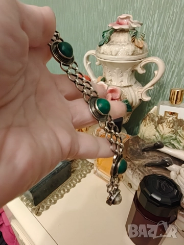 Ретро масивна сребърна гривна с естествен малахит, снимка 4 - Гривни - 52916371