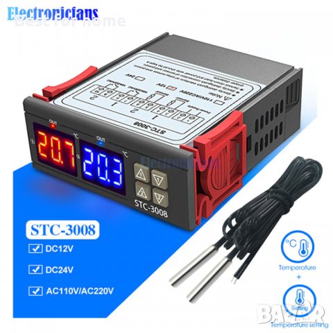 Цифров термометър/термостат STC-3008, двоен с външни сензори -55°C- 120°C, 12V, снимка 4 - Друга електроника - 37899489