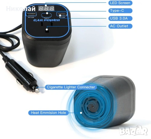 Автомобилен инвертор 12V/24V → 220V | 200W | USB 3.0 + Type-C