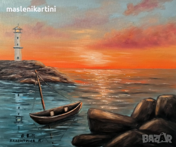Морски пейзаж залез и лодка маслена картина 