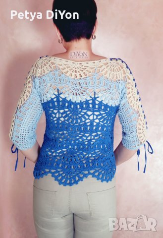 Ръчно плетена дамска блуза на една кука в синьо, снимка 2 - Корсети, бюстиета, топове - 32610708