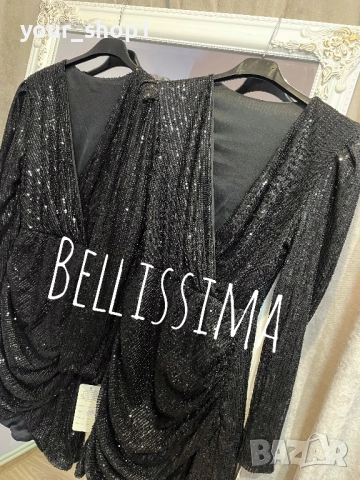 Елегантна къса рокля с пайети дълъг ръкав 