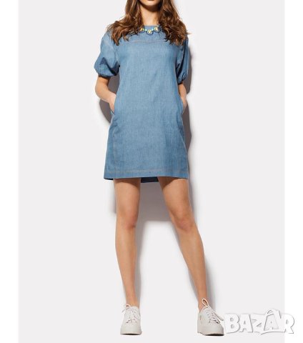 Синя рокля от деним с къс ръкав - M