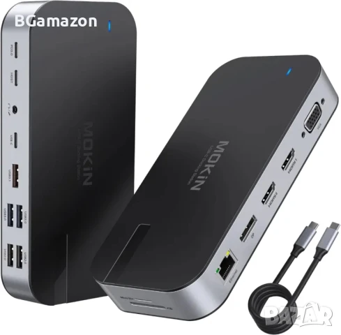 Докинг станция MOKiN за 4 монитора, 16 в 1 USB C с 2 HDMI, DP, 100W PD, USB 3.1/3.0/2.0, RJ 45..., снимка 1