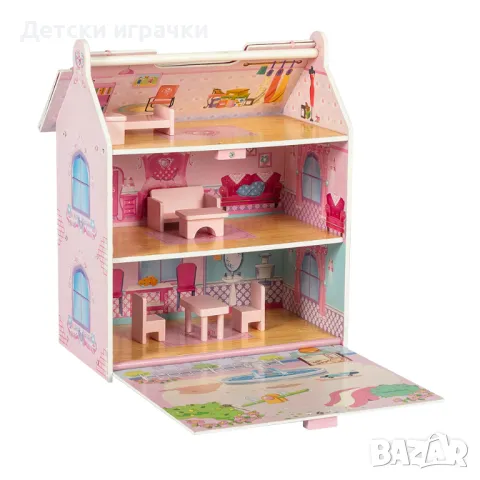Двуетажна дървена къща за кукли с мебели, снимка 2 - Кукли - 49767352