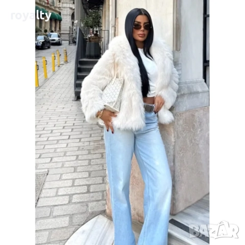 Дамско бяло палто с еко-косъм и голяма яка, снимка 5 - Палта, манта - 52198475