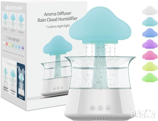Овлажнител с дъждовни капки, звуци от дъжд, 7 цвята LED (бял)