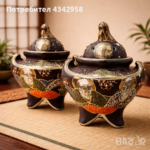 🏺 Японски винтидж кадилници Satsuma – комплект 2 броя (1920–1940 г.)