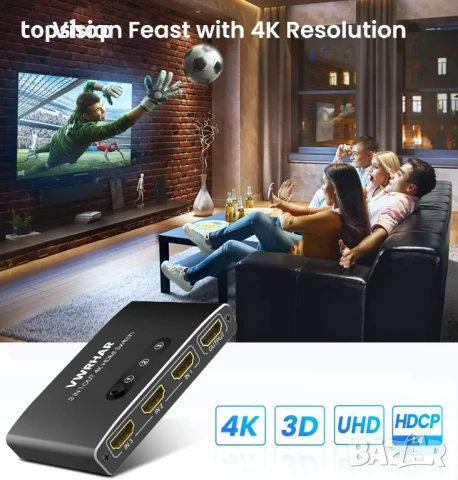 НОВ, ТЕСТВАН HDMI превключвател 3 в 1 изход 4K UHD HDMI превключвател, сплитер, автоматичен..., снимка 7 - Кабели и адаптери - 50502379