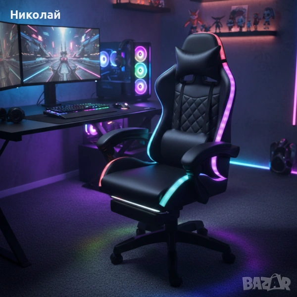 Черен геймърски стол с масаж, LED осветление и поставка за крака, снимка 1