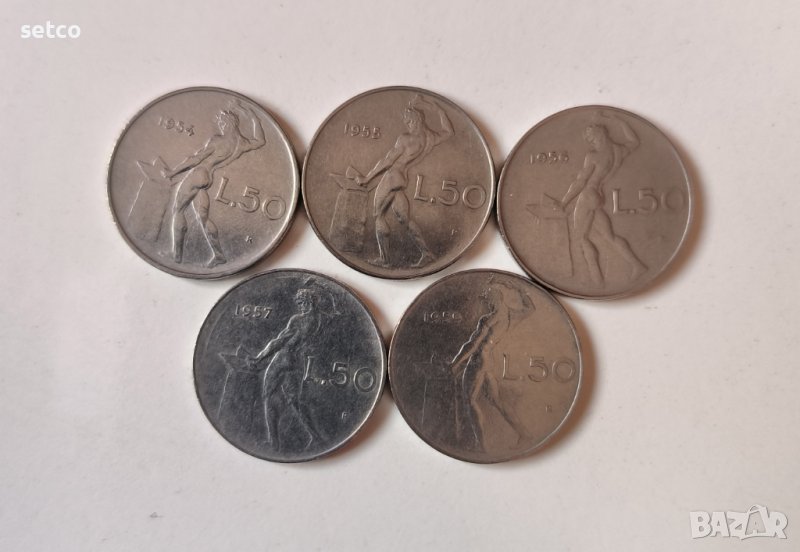 Италия лот 50 лири 1954 , 1955 , 1956 , 1957 и 1959 г. а3, снимка 1