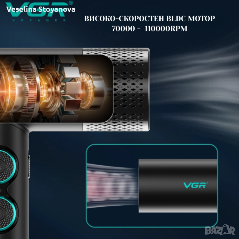 Професионален сешоар VGR с BLDC мотор 110 000 RPM – Йонна технология и дифузер, снимка 1