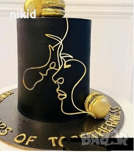 Мъж жена лица Абстракт златист черен контур топер украса декор торта, снимка 1