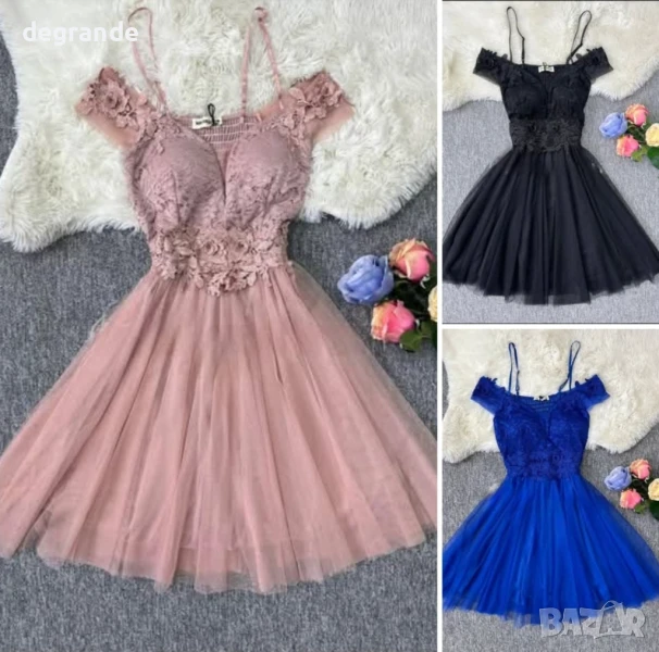 Дамска рокля с тюл и дантела налична във Черно Кралско синьо и цвят Пепел от рози., снимка 1