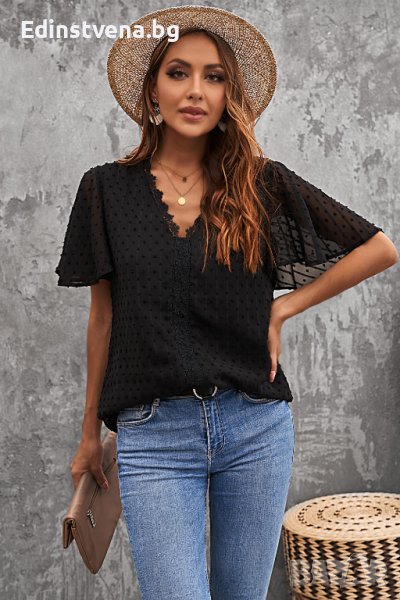 Дамска блуза в черно с принт на точки и ръкав тип пеперуда, снимка 1