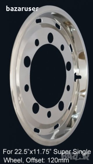 Тас Преден за Камион 22.5" - Хром,Super Single 22.5”x11.75”  Offset 120mm – Inset 30mm  (Volvo, MB, , снимка 1