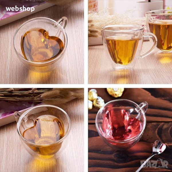 Двустенна чаша Pufo за топли напитки, кафе или чай, 240 мл, интериор във формата на сърце, прозрачен, снимка 1