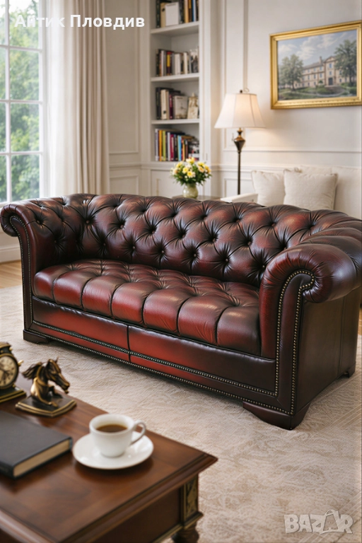 Кожен диван Chesterfield – тъмно бордо, снимка 1