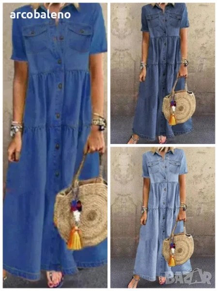 Дамска дълга дънкова изтъркана рокля с много копчета, 3цвята , снимка 1