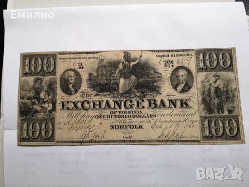 RARE $ 100 DOLLARS 1862 EXCHANGE BANK VIRGINIA , снимка 1