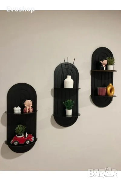 Дървена стенна етажерка черна 3 броя, снимка 1