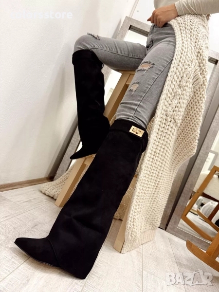Ботуши на платформа - черен велур - K-40 , снимка 1
