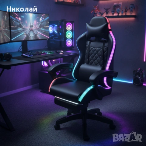 Черен геймърски стол с масаж, LED осветление и поставка за крака