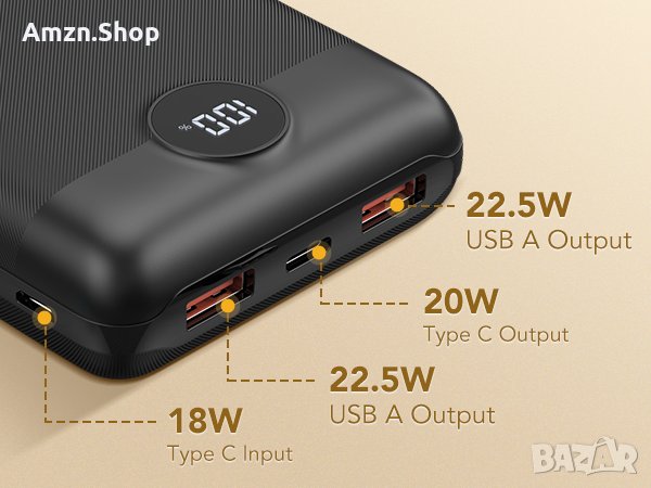 VEGER 20000mAh PowerBank 22,5 W бързо зареждане USB C външна батерия с тип C  QC 4.0 PD 3.0, снимка 12 - Външни батерии - 43766241