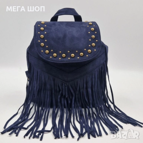 Велурена дамска раница с ресни и метални нитове – бохо стил и практичност, снимка 8 - Раници - 52643500