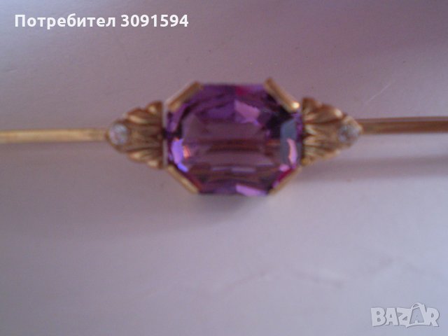 Старинна позлатена игла брошка с аметист, снимка 5 - Антикварни и старинни предмети - 34763843
