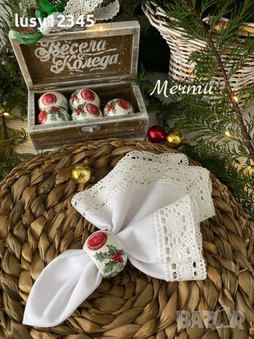 Дървена кутия с шест пръстени за салфетки-Весела Коледа! , снимка 3 - Декорация за дома - 52344756