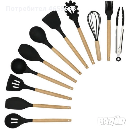 Комплект силиконови прибори за готвене 12бр. с поставка черни Ruhhy, снимка 3 - Прибори за хранене, готвене и сервиране - 52547505