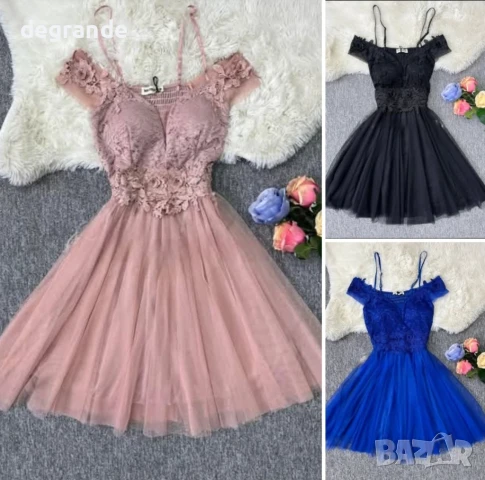 Дамска рокля с тюл и дантела налична във Черно Кралско синьо и цвят Пепел от рози.