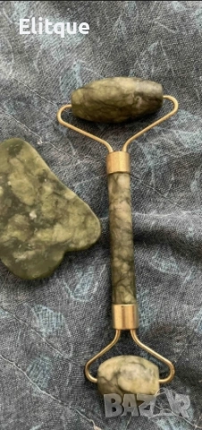 Нефритен масажор за лице с 2 ролки, в комплект с плосък нефритен камък  TV645