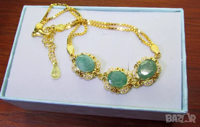 925 сребърна гривна със златно покритие изумруди/смарагди с размер 9x7mm, снимка 3 - Гривни - 49910977