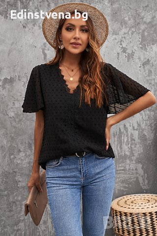 Дамска блуза в черно с принт на точки и ръкав тип пеперуда, снимка 1