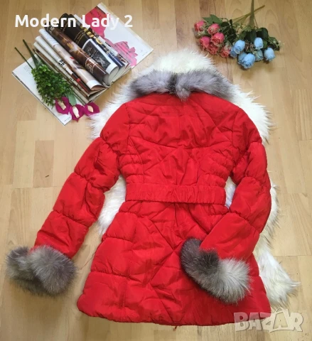 Червено зимно яке с естествен косъм, снимка 2 - Якета - 50918702
