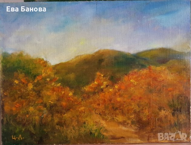 Есенен пейзаж с маслени бои и рамка Цветан Добрев Витоша, снимка 3 - Картини - 27264570