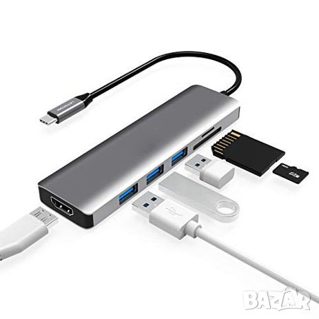 6 в 1 USB C Hub - хъб 3 х USB 3.0 + 4K HDMI + четец на карти