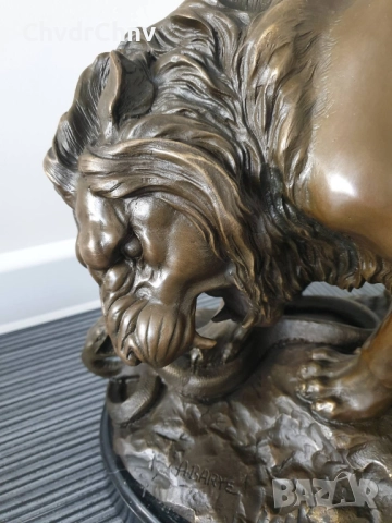 60см-22кг Barye статуя-композиция/голяма бронзова скулптура/фигура на лъв и змия, снимка 5 - Статуетки - 52840155