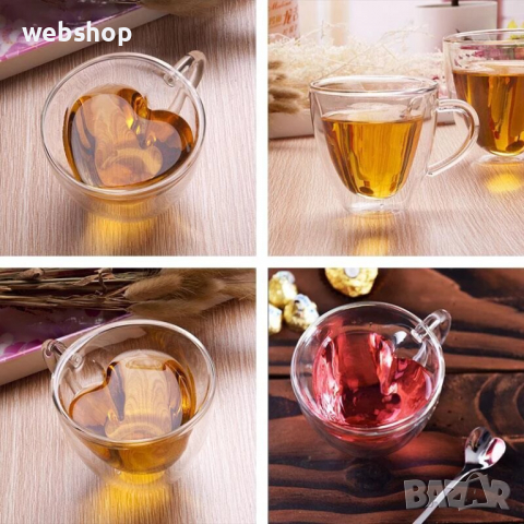 Двустенна чаша Pufo за топли напитки, кафе или чай, 240 мл, интериор във формата на сърце, прозрачен, снимка 1 - Чаши - 36440160